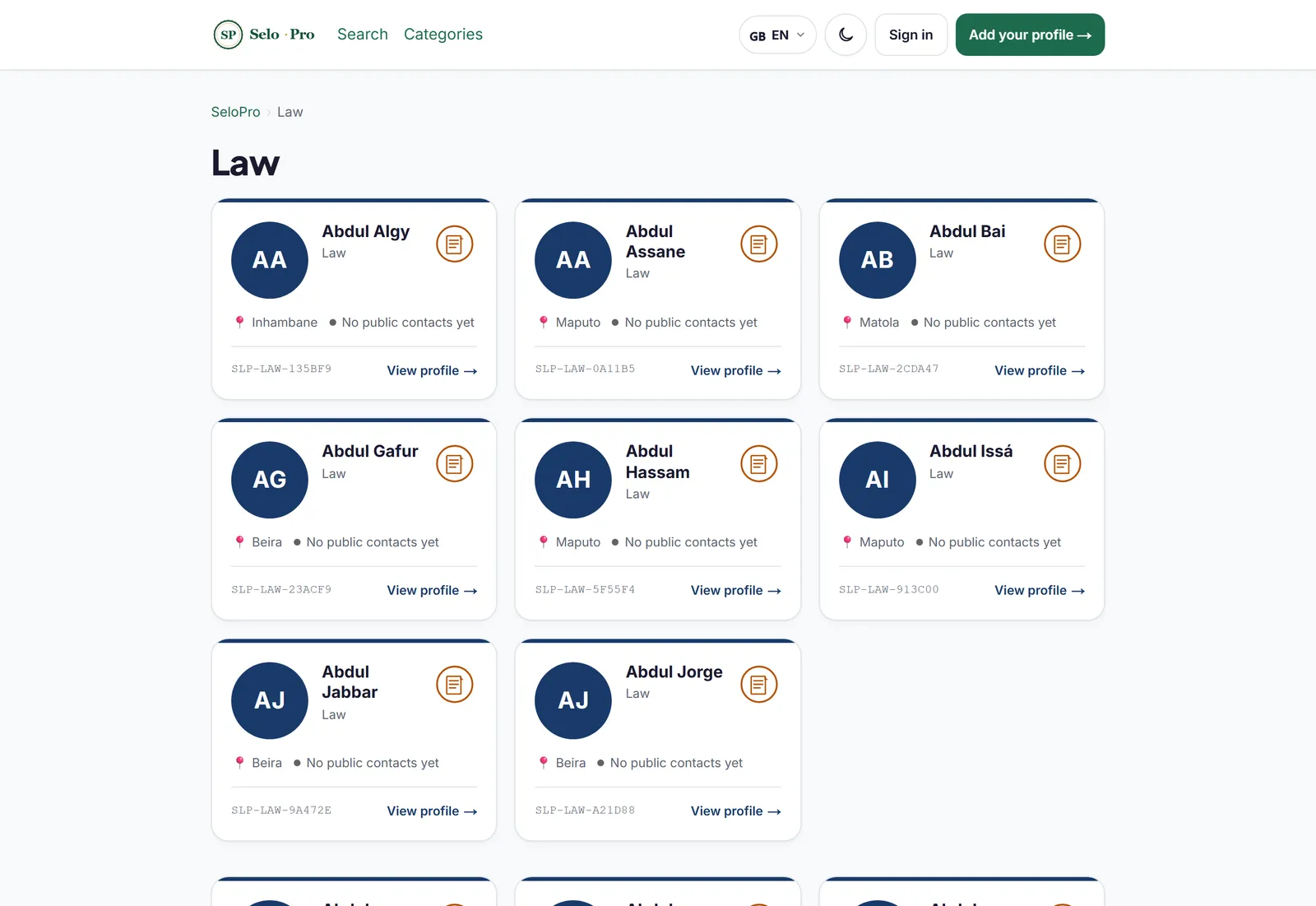 Listing of professionals in the Law category.