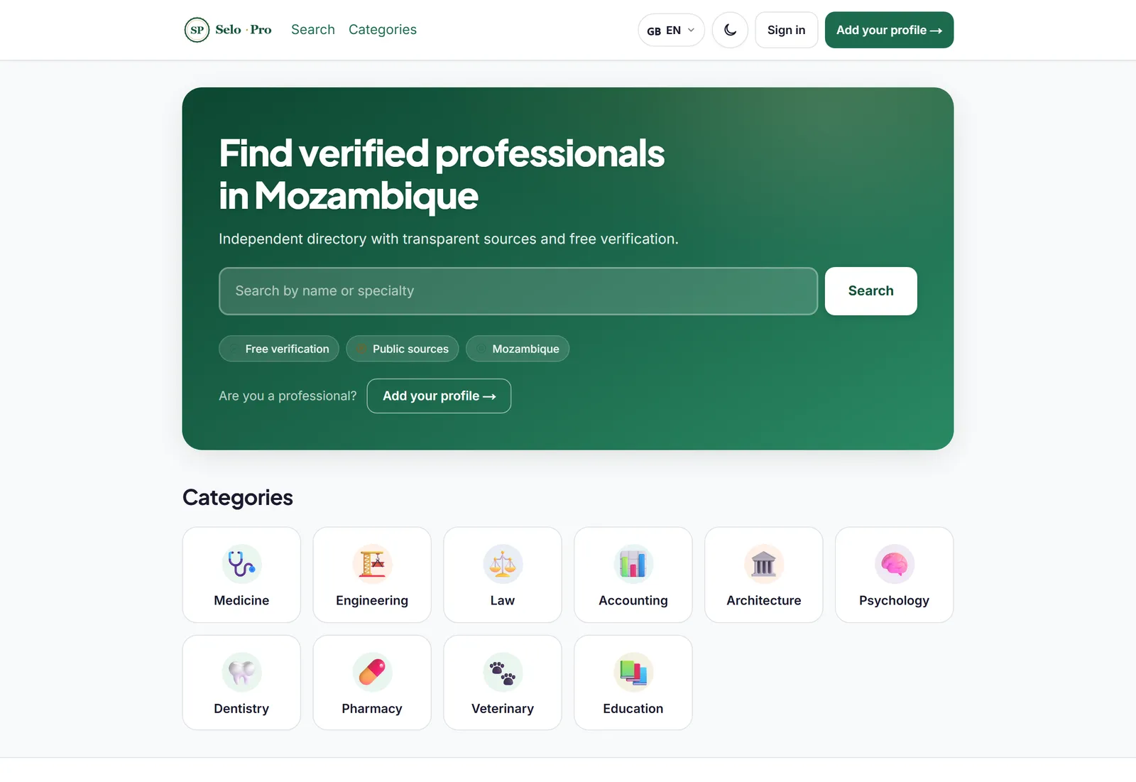 SeloPro home page with the search box and the categories.