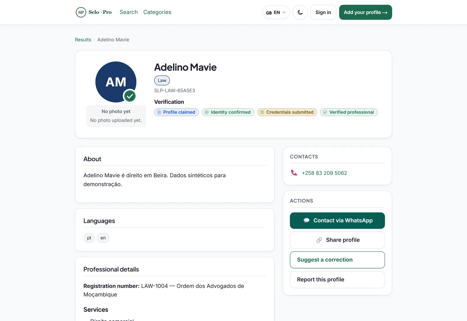 Verified professional profile, with the green seal and the available actions.